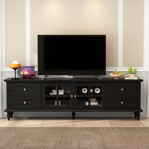 FUFU&GAGA Modern Black Wood TV Console Media Console Entertainment Center with Glass Doors, 4-Drawers Fits TV's Up to 80 in.