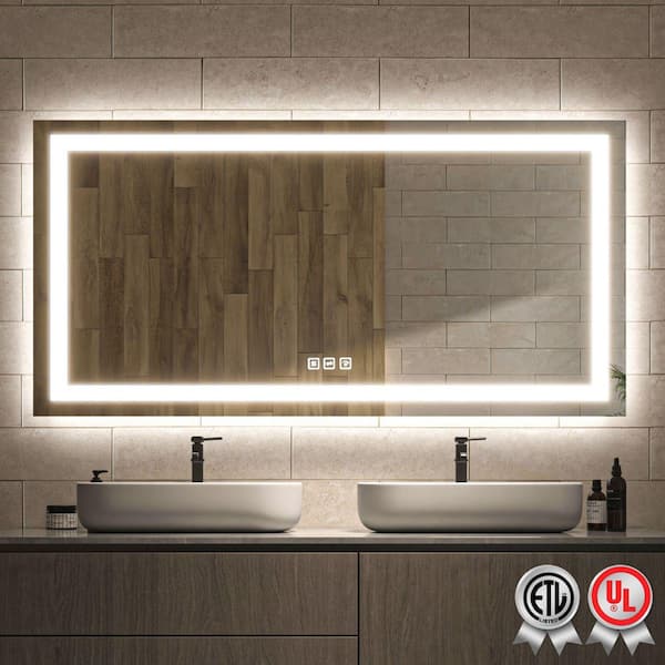 waterpar 60 in. W x 30 in. H Rectangular Frameless Wall Bathroom Vanity Mirror with Backlit and Front Light
