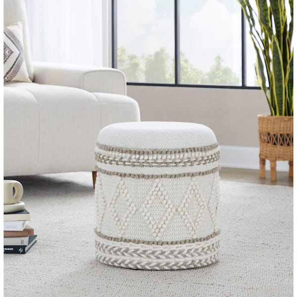 Tahoe 18 in. Pom Pom Beige Wool Storage Ottoman
