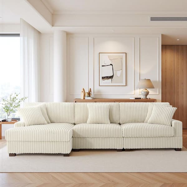 118.31 in. W Square Arm 3-piece Faux Rabbit Fur Fabric L-Shaped Left Facing Modular Sectional Sofa in. White