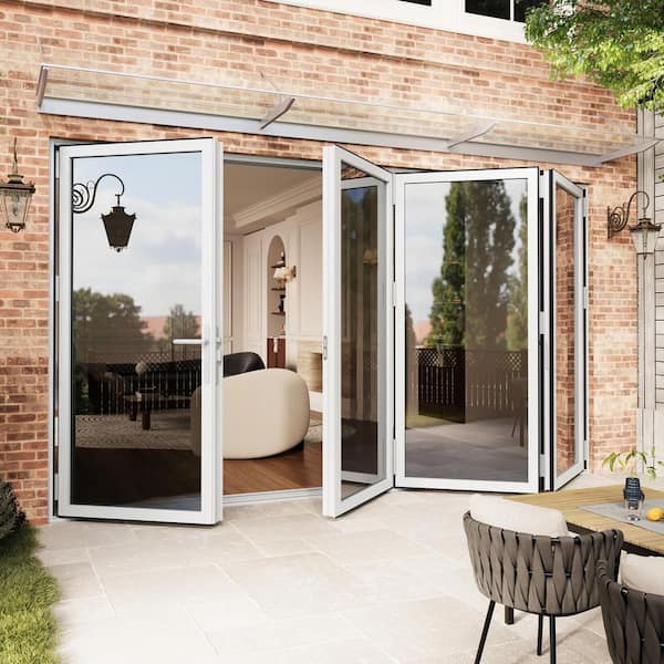 144 in. x 80 in. Right Swing Tempered Glass White Aluminum Folding Patio Door with Door Stopper (3-Folding Plus 1-Swing)