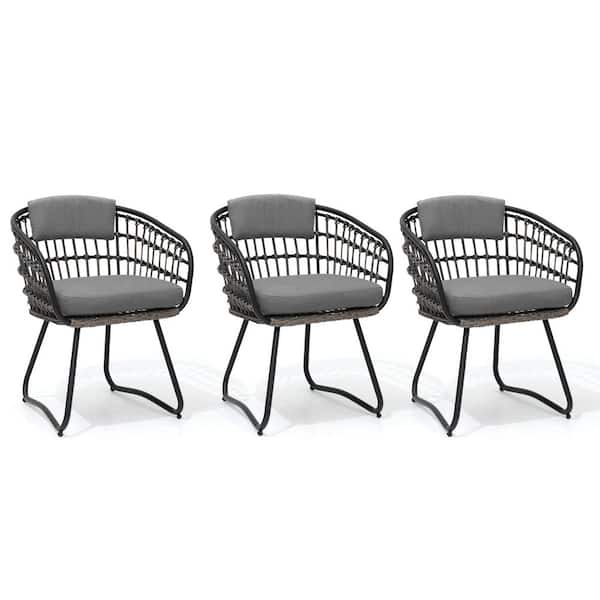 Outdoor Patio Wicker Dining Chairs PE Rattan Seating Set with Cushion in Gray (Set of 3)