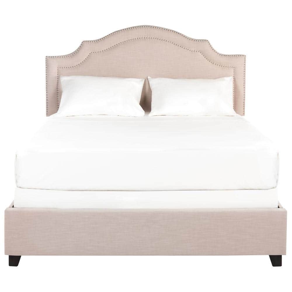 Light Beige Queen Upholstered Bed Frame with Nailhead Trim