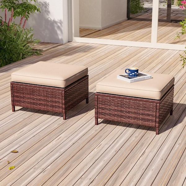 HONEY JOY 2-Piece Wicker Outdoor Ottoman Patio Rattan