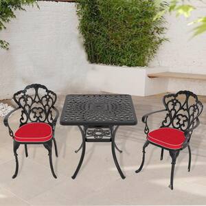 3-Piece Black Cast Aluminum Outdoor Dining Set, Patio Furniture with 30.71 in. Square Table and Random Color Cushions