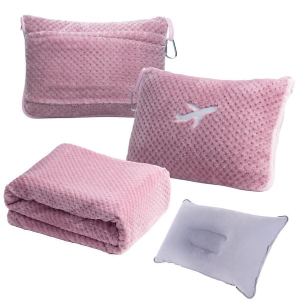 3 in 1 Blush Pink Inflatable Travel Blanket Pillow Set with Travel Blanket and Bag for Airplane, Camping and Car Trip