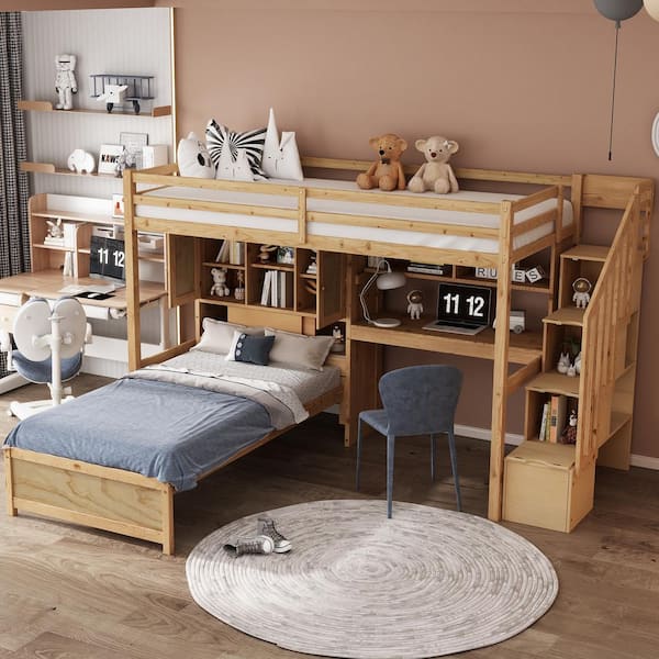 Natural Twin over Twin Loft Bed with Desk, Shelves and Storage Compartments