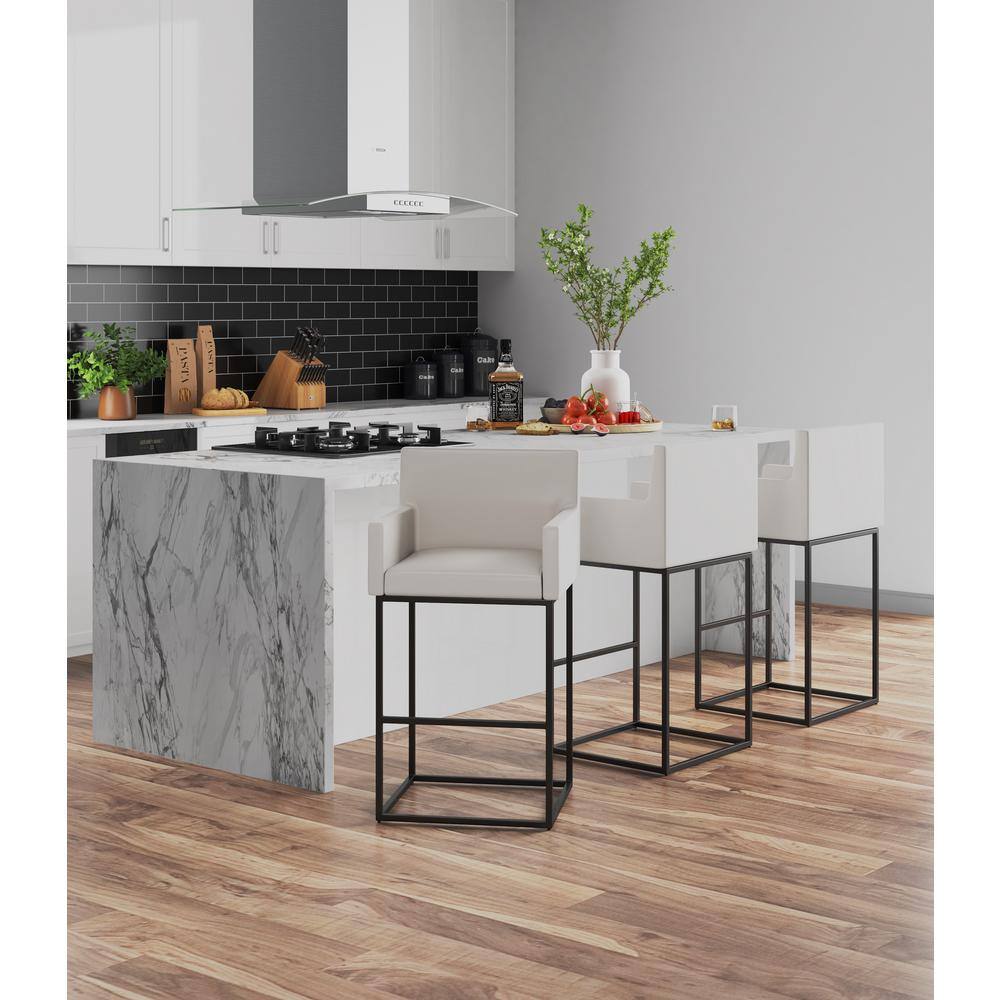 Ambassador Cream and Black Genuine Leather Metal Barstool Set