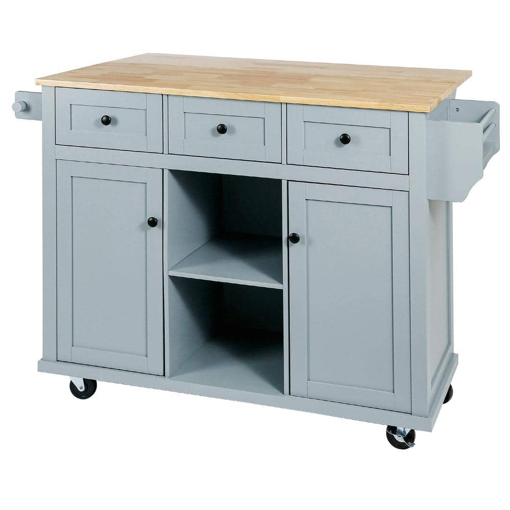 Blue Rubber Wood 53.1 In. W Kitchen Island On 5 Wheels With 3 Drawers ...