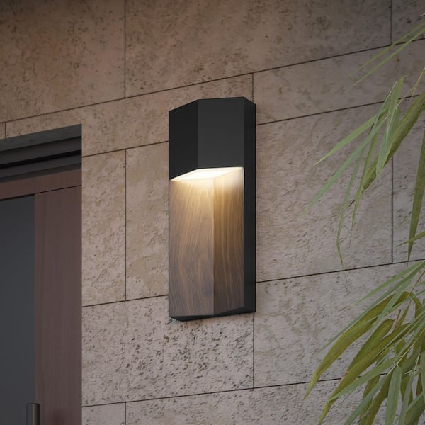 Howel 13 in. Matte Black Powder Coated and Wood Finish Indoor and Outdoor Hardwired 5CCT integrated LED Wall Light