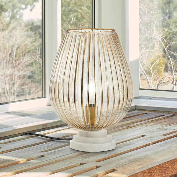 12.25 in. Clear Glass and Gold Urn Shaped Piano Table Lamp with Stacked Marble Base