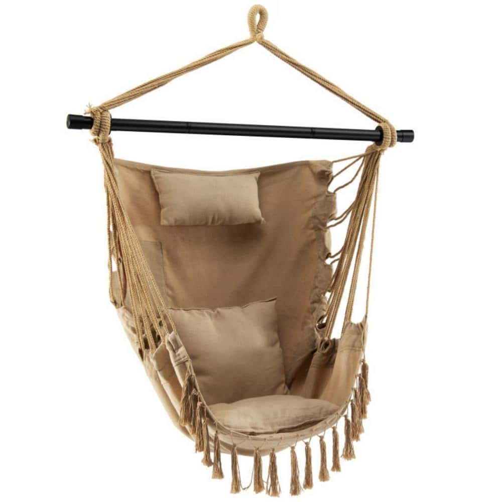 Brown Metal Hanging Rope Swing Chair with Soft Pillow for Indoor and Outdoo