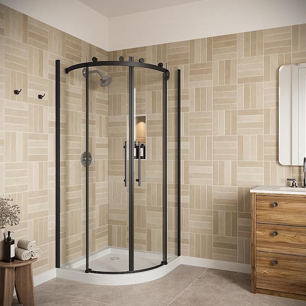 Reno 36 in. x 76 in. Semi-Frameless Sliding Shower Door with CrystalTech Treated 5/16 in. Glass, Matte Black Hardware