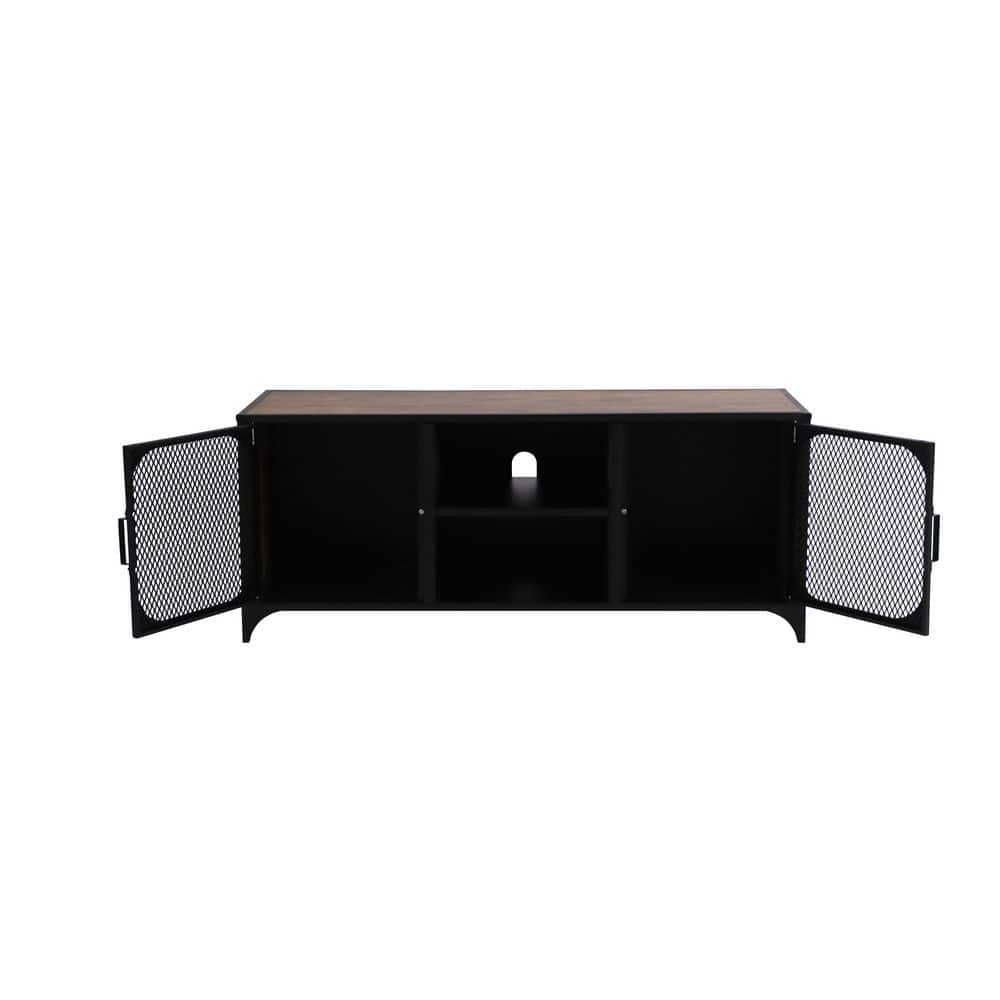 Black Steel and Wood 2-Door TV Cabinet with Mesh Panels