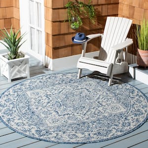 Courtyard Navy/Light Gray 7 ft. x 7 ft. Border Medallion Floral Indoor/Outdoor Patio  Round Area Rug