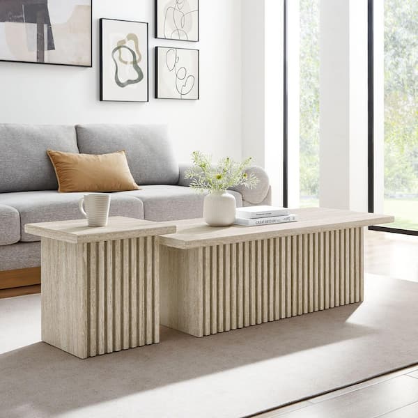 Render 19.7 in. Travertine Large Rectangle MDF Coffee Table with 2-Pieces