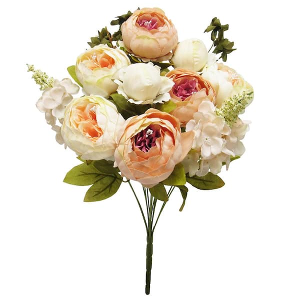 LIVING LUXURY 19 in. Cream Peach Artificial Mixed Peony Hydrangea Flower Stem Bush Bouquet