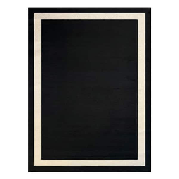 PLAYA RUG Everest Black Creme 9 ft. x 12 ft. Machine Washable Geometric Modern Border Polyester Non-Slip Backing Area Rug