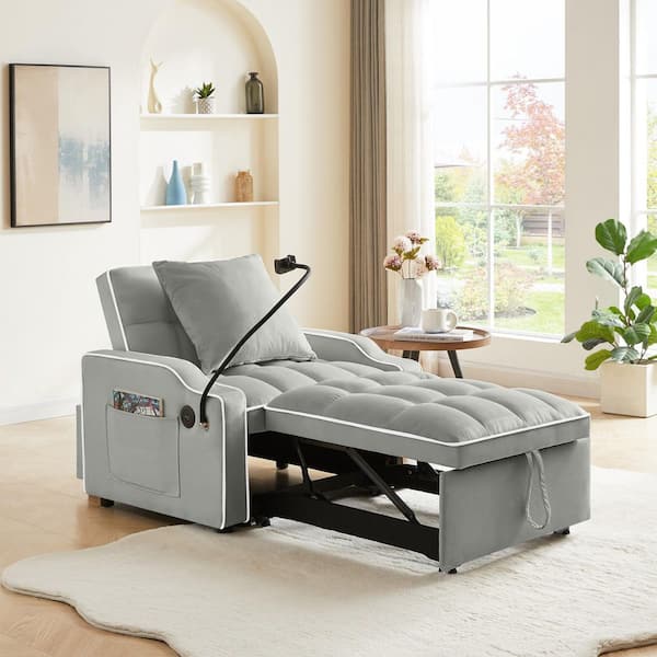 Pierce 33.85 in. Square Arms Velvet Rectangle Convertible Pull-Out Sofa Bed in Gray with USB Port, Adjustable Back