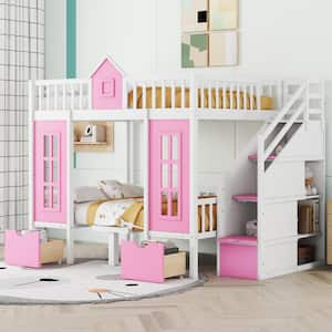 Harper & Bright Designs Pink Twin Over Twin Bunk Bed with Changeable ...