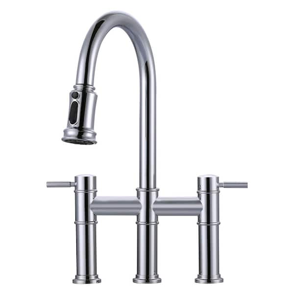 WOWOW Double Handle Bridge Kitchen Faucet in Polished Chrome