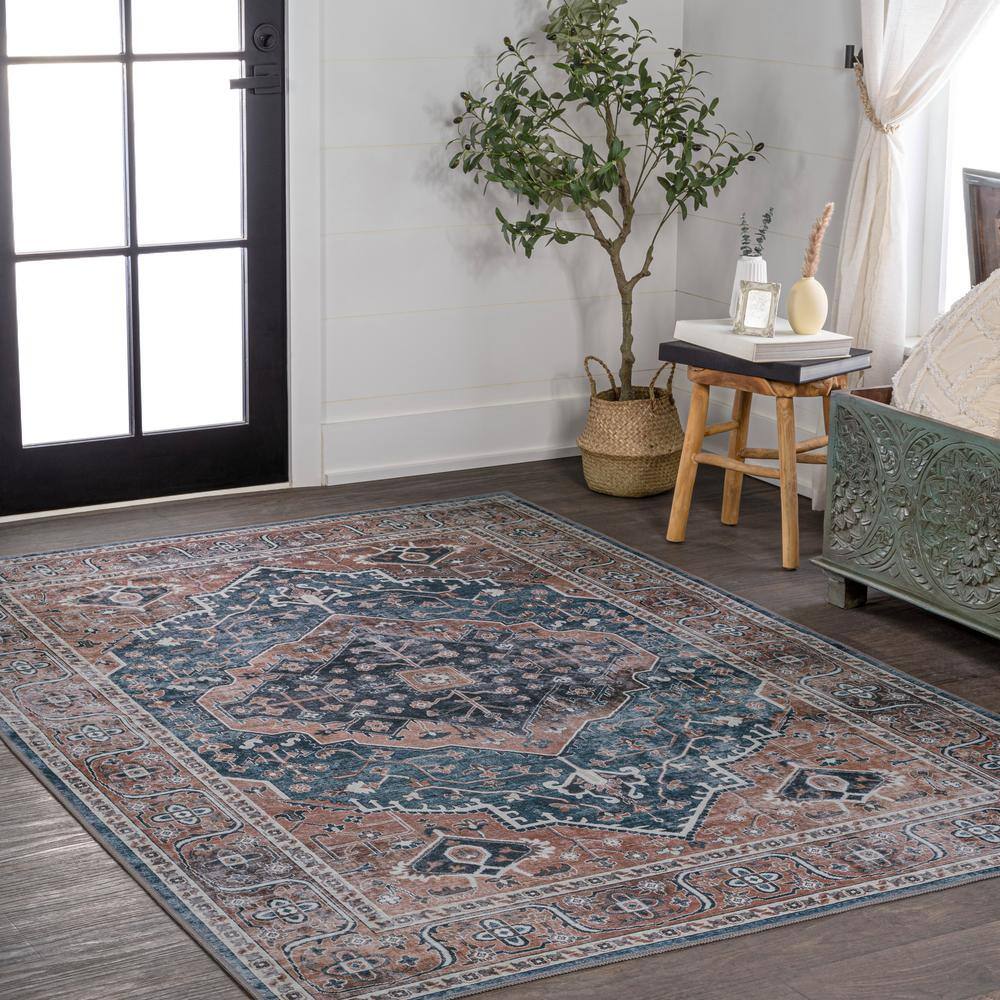 Navy and Brown Medallion Washable Chenille Area Rug 8' x 10'