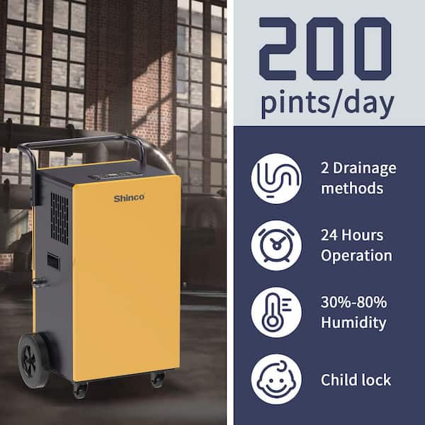 200 pt. 8,000 sq.ft. Bucketless Commercial Dehumidifier in Yellow with Pump, Automatic Defrost, Timer