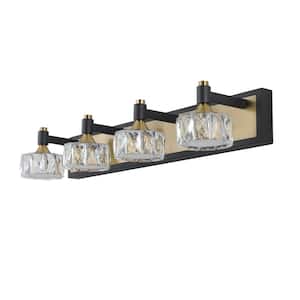 27.6 in. Modern 4-Light Brass and Black LED Vanity Light with Exquisite Crystals