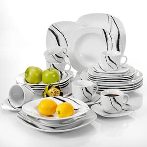 30-Piece Casual Ivory White with Black Lines Pattern Porcelain Dinnerware Set (Service for 6)