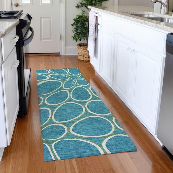 Mayfield Premium Machine Washable Abstract AMF1041 Teal 2 ft. 3 in. x 7 ft. 6 in. Runner Rug