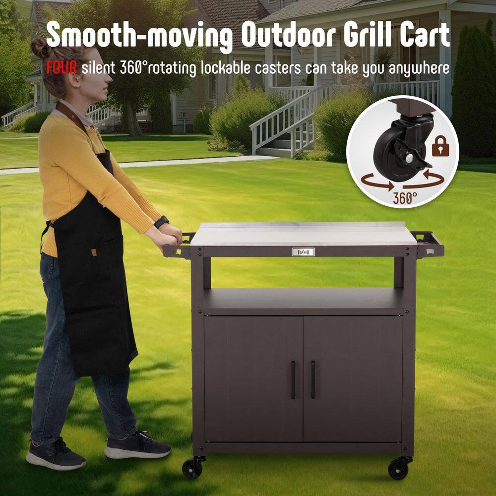 Brown Outdoor Grill Cart with Stainless Steel Tabletop and Storage Cabinet