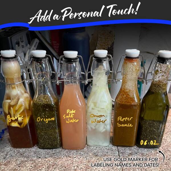 Nevlers - 12-Pack 8.5 oz. Square Glass Bottles with Swing Top Stoppers, Bottle Brush, Funnel, and Gold Glass Marker