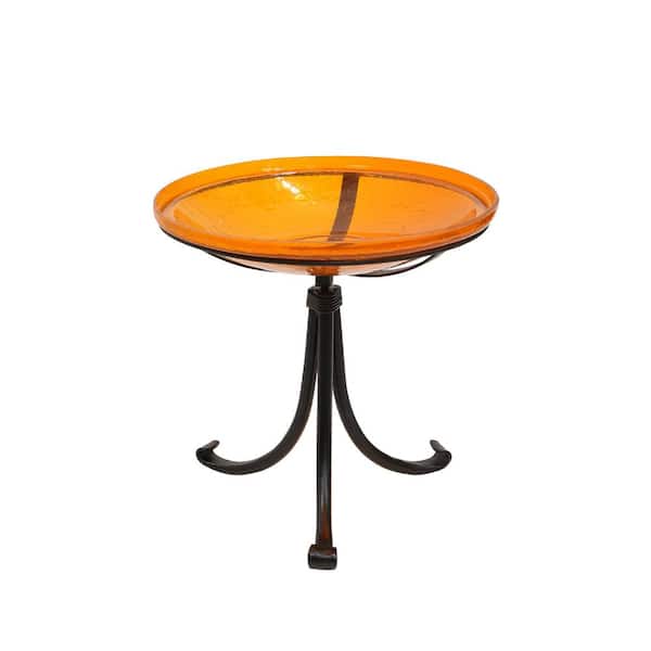 ACHLA DESIGNS 14 in. Dia Round Mandarin Orange Crackle Glass Birdbath with Black Wrought Iron Tripod Stand