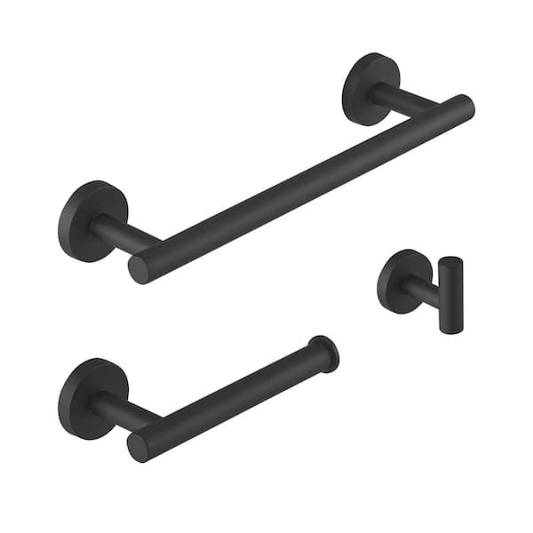 BWE 3-Piece Bath Hardware Set with Towel Hook and Toilet Paper Holder and Towel Bar Wall Mount Accessory Set in Matte Black