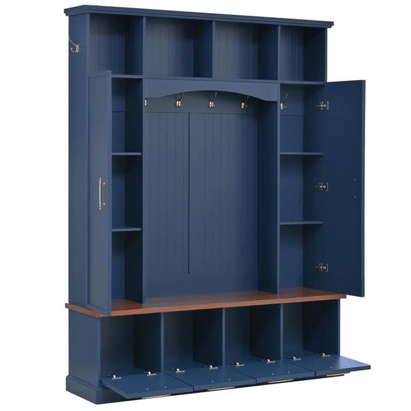 UOI Blue MDF Hall Tree with Golden Hooks, Adjustable Shelves, Flip