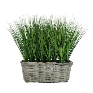 16- inch Green- Artificial Grass in Gray Willow Basket Decor,