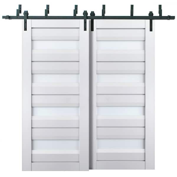 Sartodoors 48 in. x 80 in. 2 Panel Frosted Glass White Solid Wood Sliding Barn Door with Hardware Kit