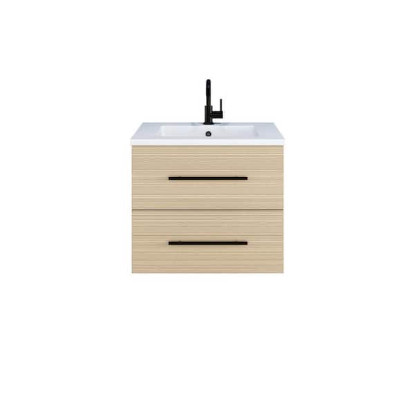 VOLPA USA AMERICAN CRAFTED VANITIES Napa 24 W x 20 D 21.58 H Single Sink Bathroom Vanity Wall Mounted In Sand Pine with White Acrylic Integrated Countertop