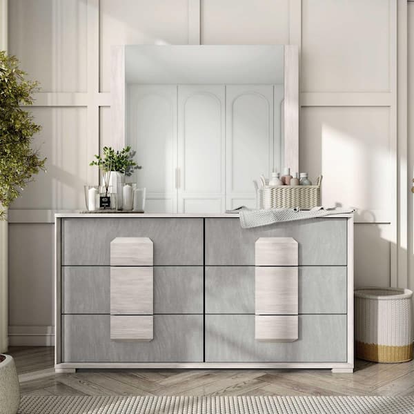Furniture of America Bulevard Washed White and Stone Gray 6-Drawer 60 in. Dresser with Mirror