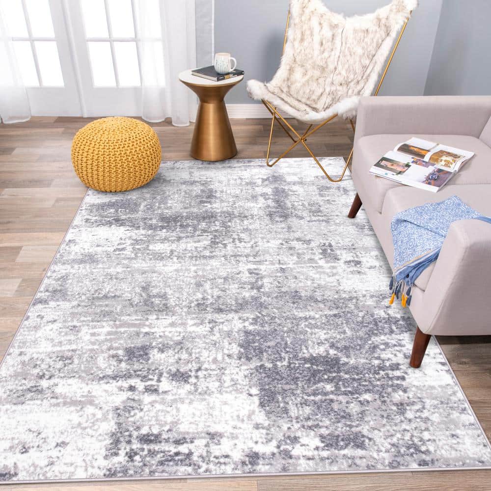 Gray Abstract 5' x 7' Stain-Resistant Synthetic Area Rug