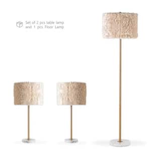 61 in. Brass No Dimmable Column Table and Floor Lamp Set with Plug-in and No USB Port (Set of 3)
