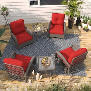 6-Piece Patio Wicker Conversation Set with Red Cushions and Side Table-Swivel, Rock, and Relax in Style