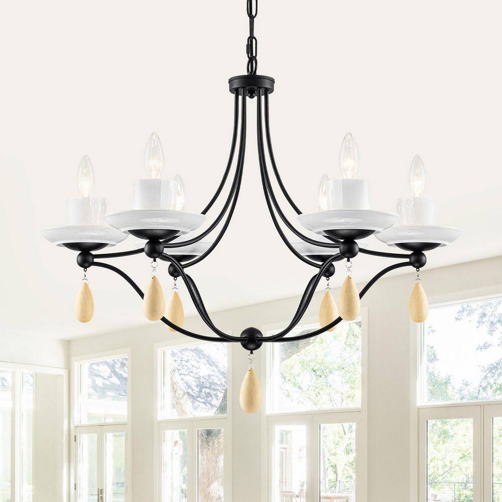 28.34 in. 6-Light Vintage Classic Matte Black Iron Candle Style Chandelier with White Ceramic and Wood Accents price history on PriceWatchPro
