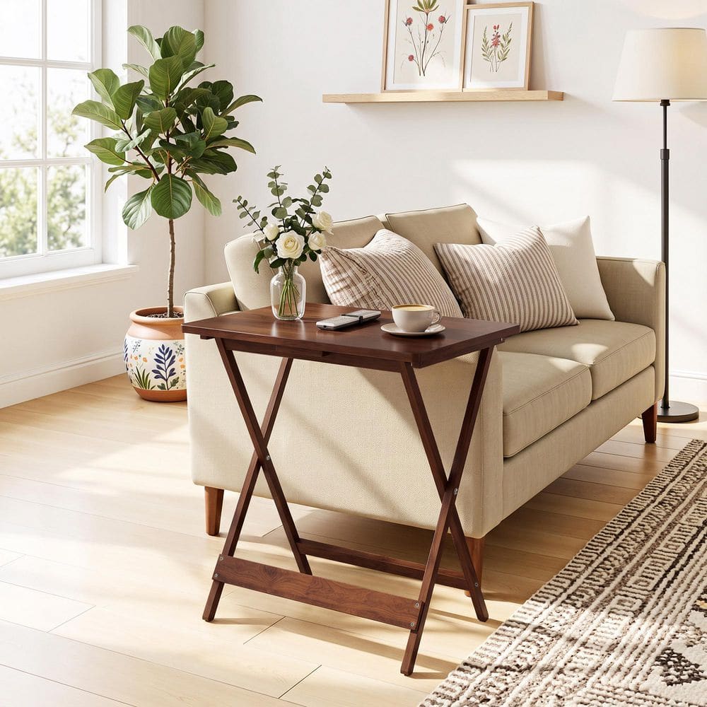 VECELO Folding TV Tray Table, 18.9 in. Rectangle Solid Wood X