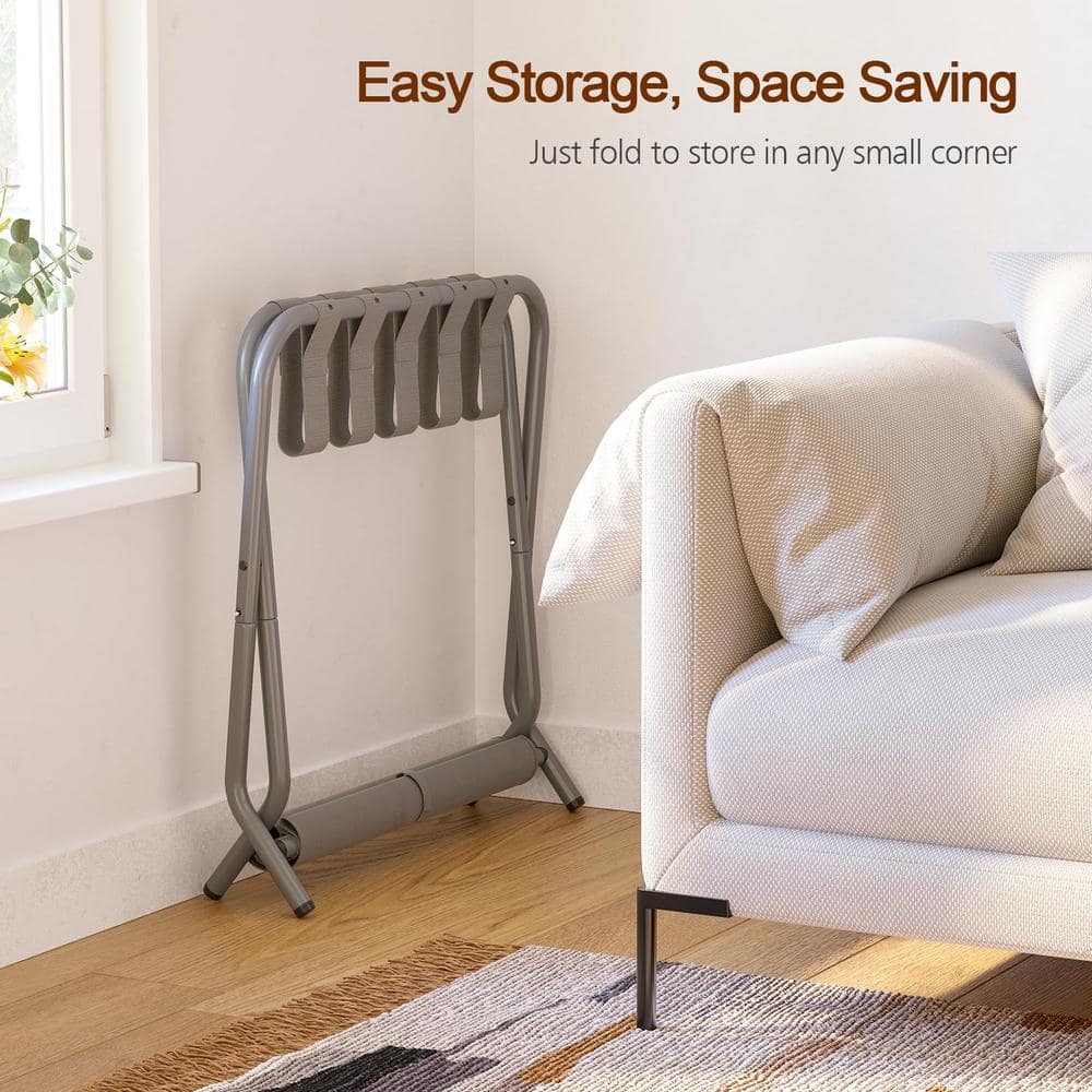 Gray Foldable Metal Luggage Rack with Storage Shelf, Set of 2