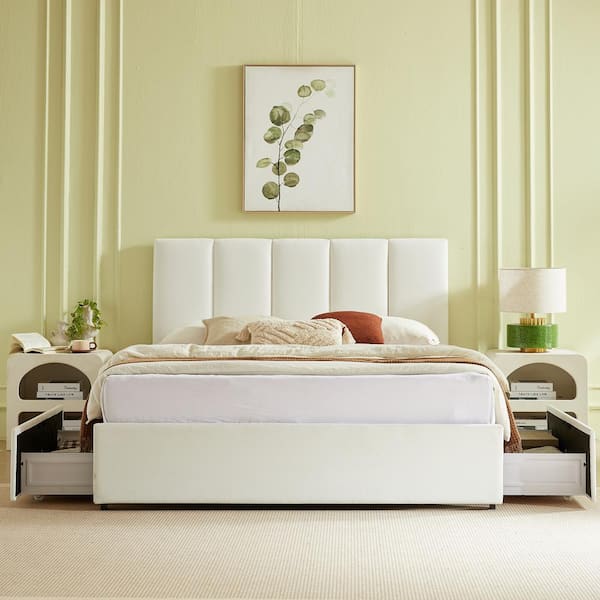 Ahokua White Plywood Frame Full Size Platform Bed with Storage Drawers