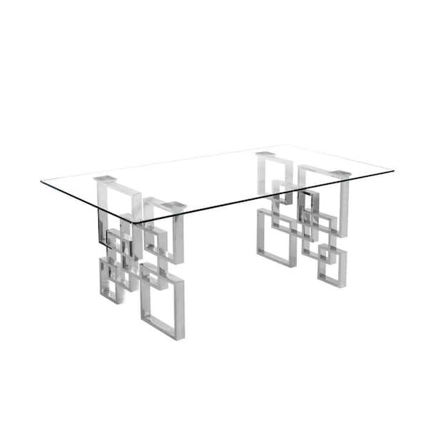 Best Quality Furniture Rosa 47 in. Silver Rectangle Tempered Glass Top Coffee Table with Stainless Steel Base