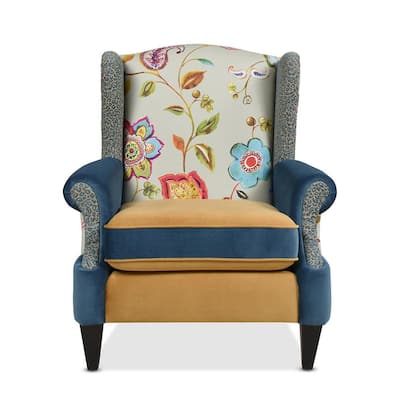 Anya Blue-Teal and Yellow-Gold Floral and Leopard Velvet Boho Chic Wingback Chair