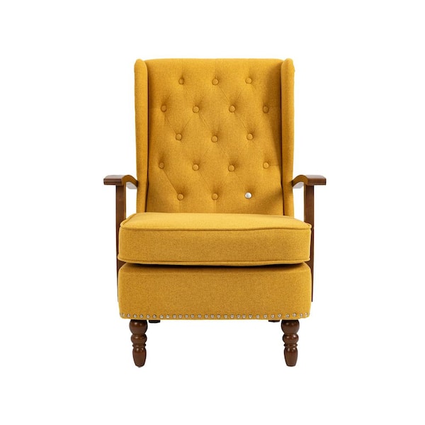 HOMEFUN Modern Musterd Yellow Linen Tufted Wingback Accent Chair with Wood Legs