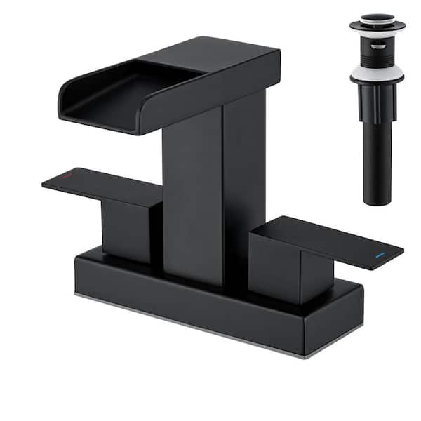 4 in. Centerset Double Handle Slope Waterfall Spout Bathroom Vessel Sink Faucet with Pop Up Drain in Matte Black